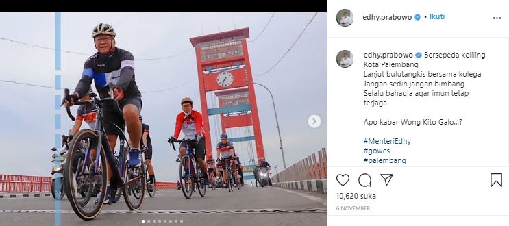 Edhy Prabowo saat membagikan momen olahraga bersepeda dan bulu tangkis pada 6 November 2020. (Instagram/@edhy.prabowo).