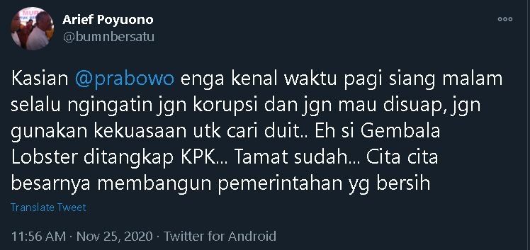 Kicauan Arief Poyuono.(Twitter)