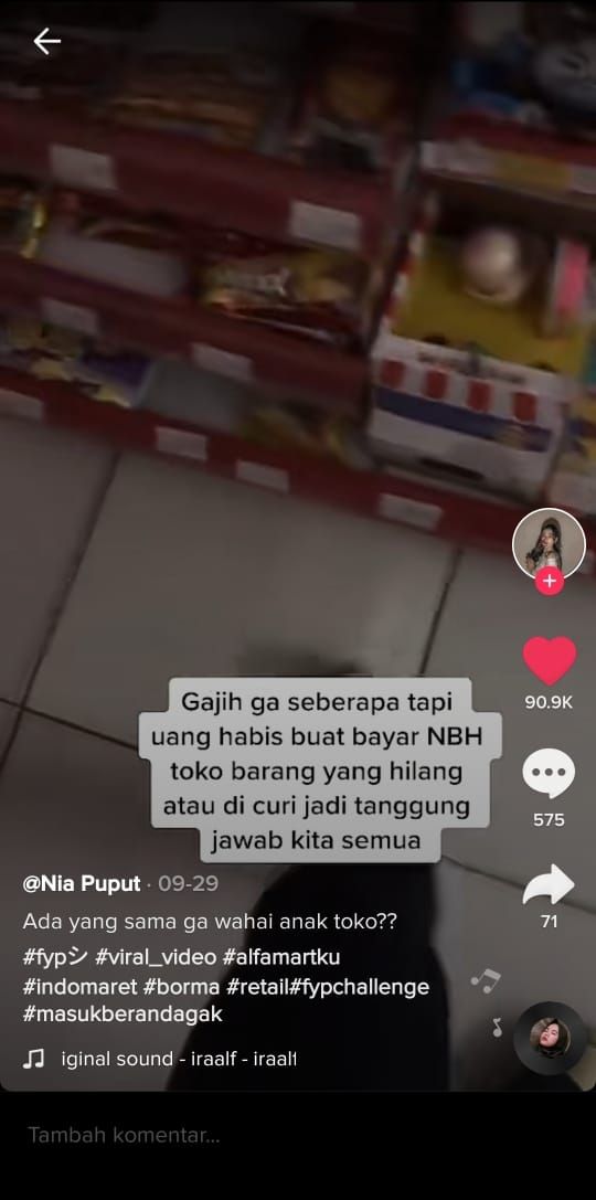 Curhat pegawai minimarket harus ganti produk hilang (TikTok @niapuput21)