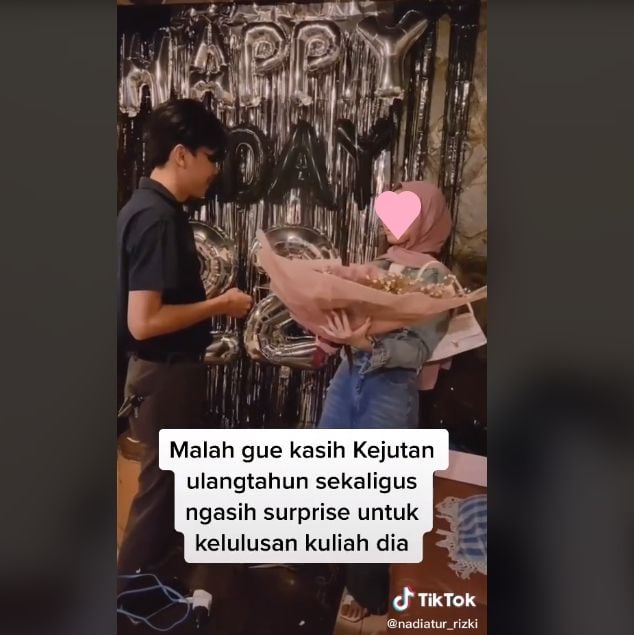 Video Beri Kado Harga Jutaan Hingga Adakan Pesta untuk Mantan. (TikTok/nadiatur_rizki)