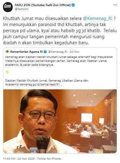 Fadli Zon kritik Kemenag siapkan materi khotbah Jumat (Twitter/fadlizon)