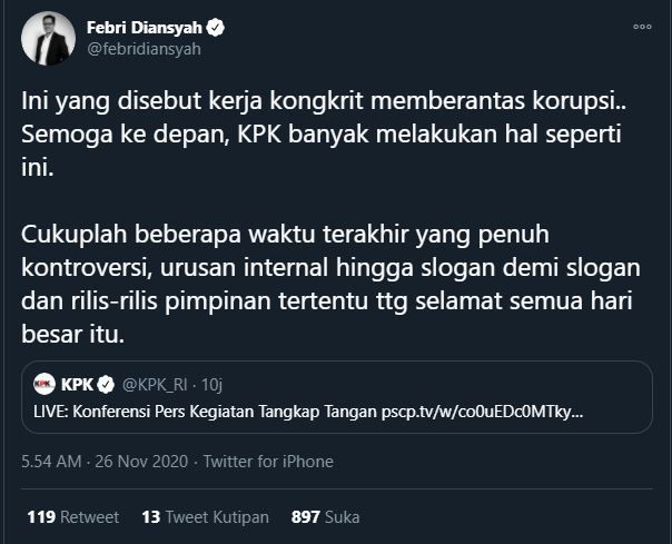 Febri Diansyah apresiasi kerja KPK. (Twitter/@febridiansyah)