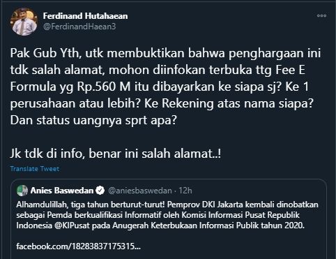 Cuitan Ferdinand Hutahaean Desak Anies Baswedan Buktikan Penghargaan Tidak Salah Alamat (Twitter/FerdinandHaean3).