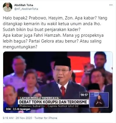 Abdillah Toha tagih janji Prabowo penjarakan kader korupsi (Twitter/at_abdillahtoha)