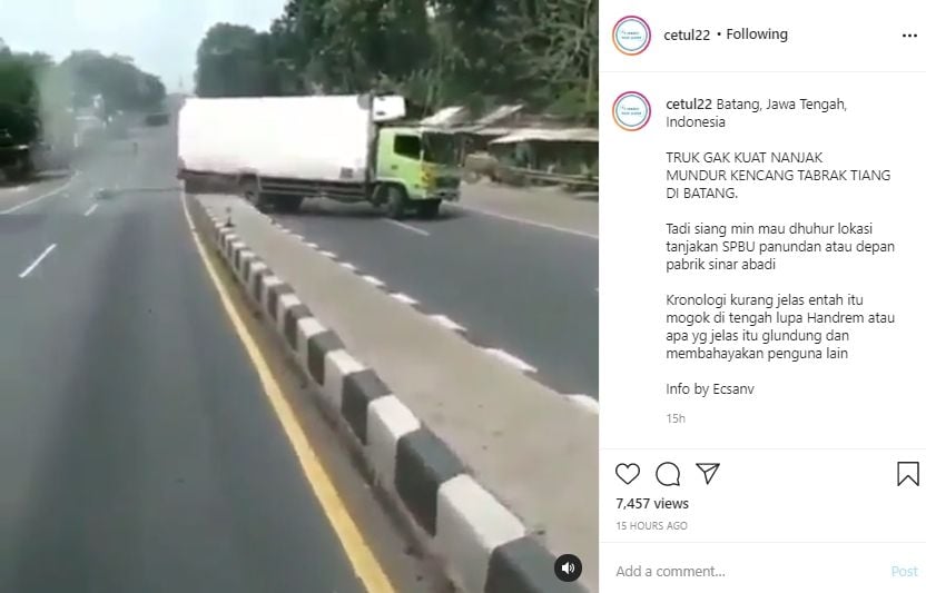 Video truk mundur kencang gegara tak kuat menanjak di Alas Roban. (Instagram/cetul22)