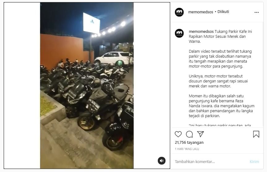 Viral Tukang Parkir Menata Motor Sesuai Warna dan Merk-nya (Instagram/Memomedsos).