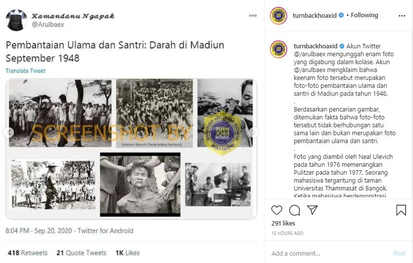 Cek Fakta Foto Pembantaian Ulama dan Santri Tahun 1948. (Instagram/turnbackhoaxid)