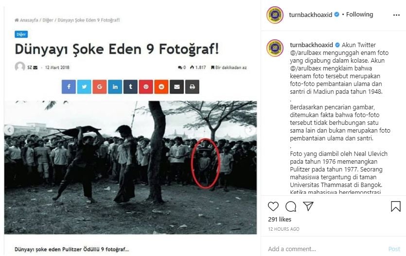 Cek Fakta Foto Pembantaian Ulama dan Santri Tahun 1948. (Instagram/turnbackhoaxid)