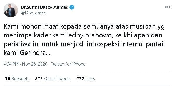 Cuitan pembina Partai Gerindra soal Korupsi Edhy Prabowo. (Twitter/@Don_dasco)