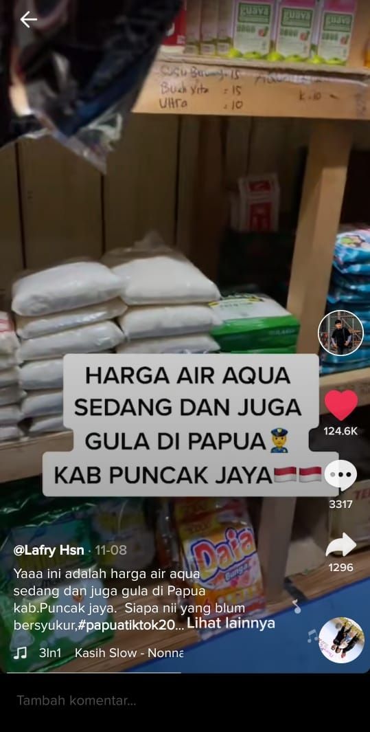 Warganet bagikan harga air mineral dan gula di Papua (TikTok @lafryhsn)