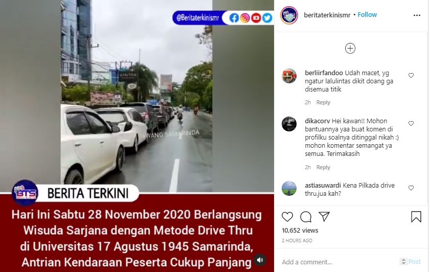 Viral Wisuda Drive Thru di Samarinda. (Instagram/beritaterkinismr)