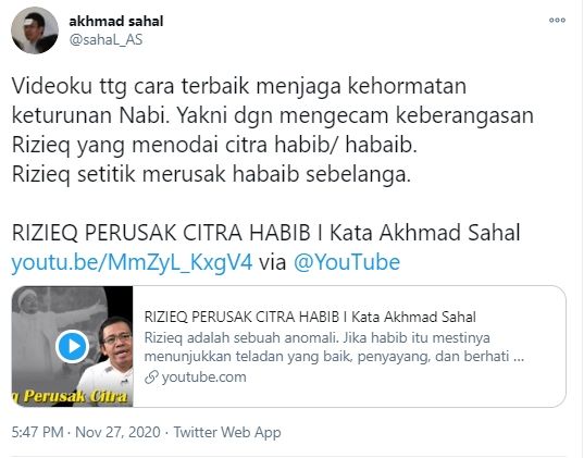 Cuitan Gus Sahal soal Rizieq Shihab yang merusak citra habib. (Twitter/sahal_AS)
