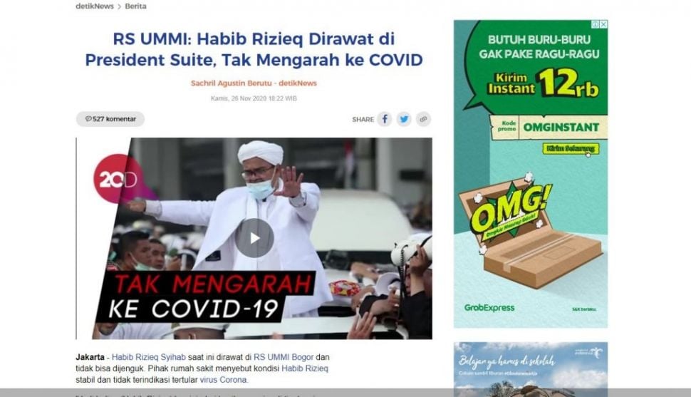 Cek fakta Rizieq kritis positid Covid-19 (Turnbackhoax.id)