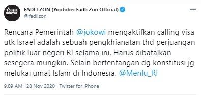 Fadli Zon desak Jokowi batalkan calling visa Israel (Twitter/fadlizon)