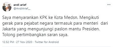 Andi Arief minta KPK ke Medan selidiki menteri datangi mantu Jokowi (Twitter/andiarief_)