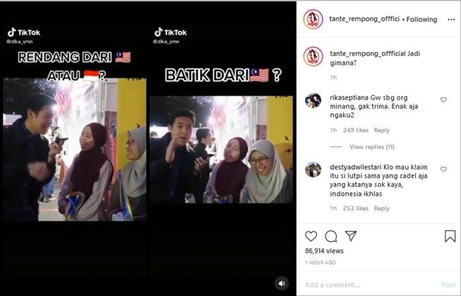 Akun gosip bahas video orang Malaysia klaim rendang dan batik. (Instagram/@tante_rempong_offficial)