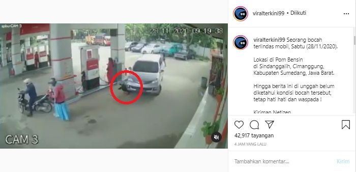 Viral Video Detik-detik Balita Terlindas Mobil di SPBU Sindanggalih, Cimanggung, Sumedang (Instagram/Viralterkini99).