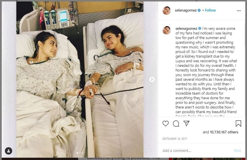 Selena Gomez saat Transplantasi Ginjal tahun 2017 (instagram.com/selenagomez)