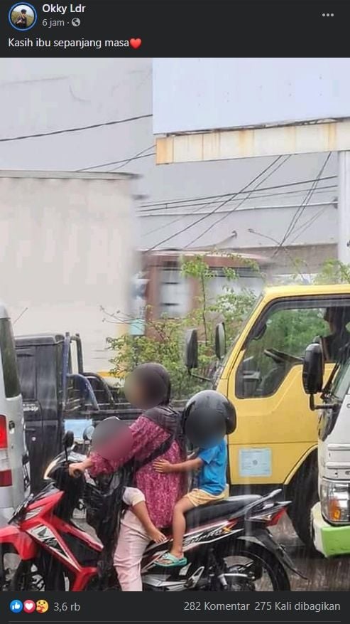 Potret pengorbanan emak-emak saat naik motor bareng sang anak. (Facebook/Okky Ldr)