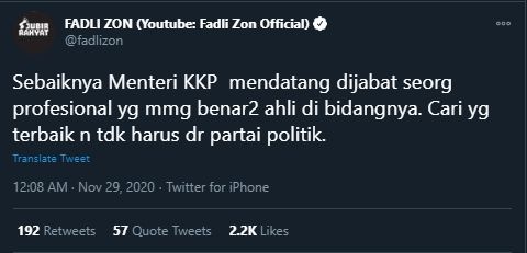 Cuitan Fadli Zon Perihal Menteri KKP Baru (Twitter/FadliZon).