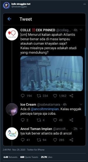 Keberadaan Atlantis Diragukan, Jawaban Admin Twitter Ancol Jadi Sorotan. (Twitter/@indostruggle)