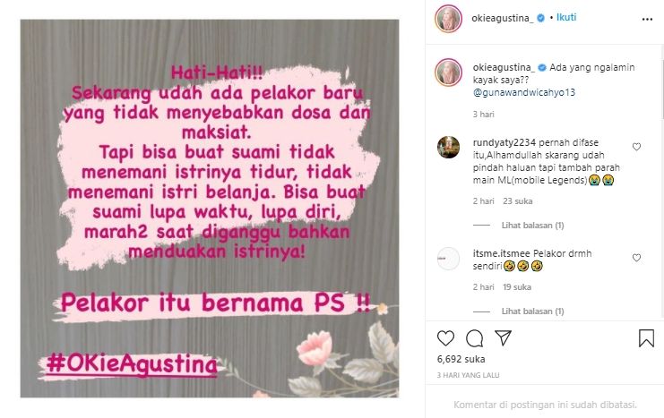 Okie Agustina curhat jarang ditemani tidur karena suaminya kecanduan main PS. (Instagram/@okieagustina_).