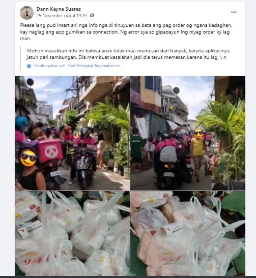 Gegara Internet Lemot Rumah Gadis Ini Dikepung Ojol dengan 42 Pesanan Makanan. (Facebook/Dann Kayne Suarez)