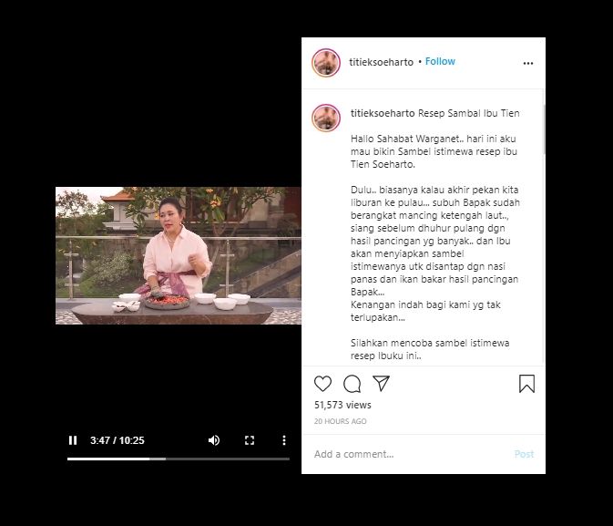 Menggugah Selera, Titiek Soeharto Bagikan Resep Sambal Ibu Tien Soeharto. (Instagram/@titieksoeharto)