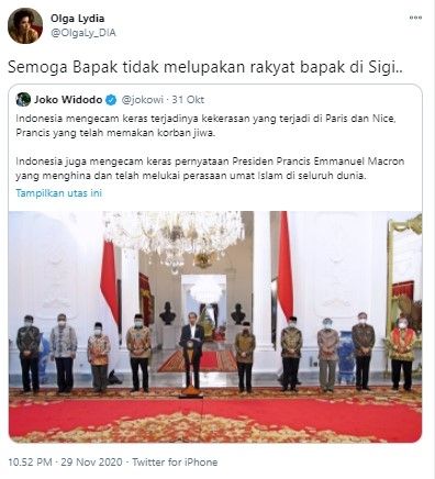 Olga Lydia sindir Jokowi soal pembantaian di Sigi (Twitter/olgaly_dia)