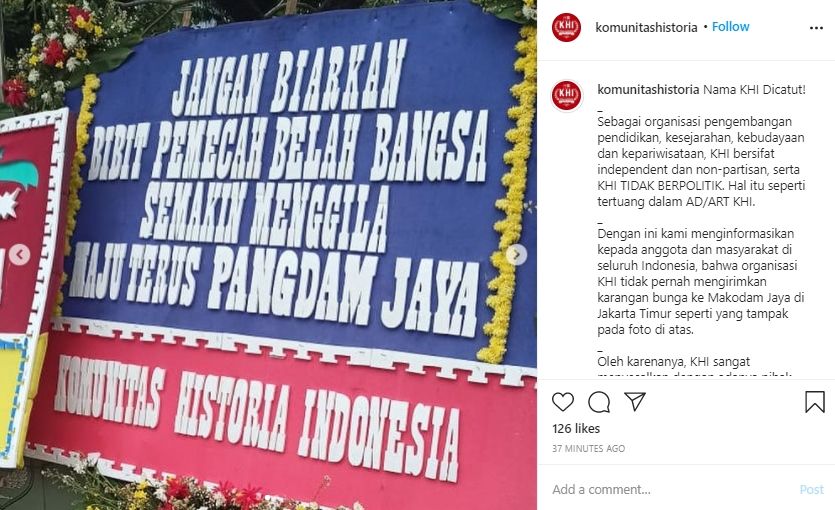 Postingan klarifikasi KHI soal pencatutan nama di karangan bunga untuk Pangdam Jaya. (Instagram/komunitashistoria)