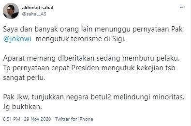 Gus Sahal tunggu Jokowi kecam pembantaian di Sigi (Twitter/sahal_as)