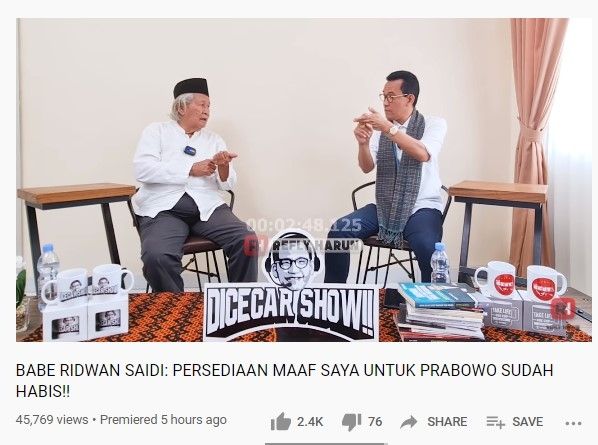 Ridwan Saidi berbincang dengan Refly Harun (Youtube/reflyharun)