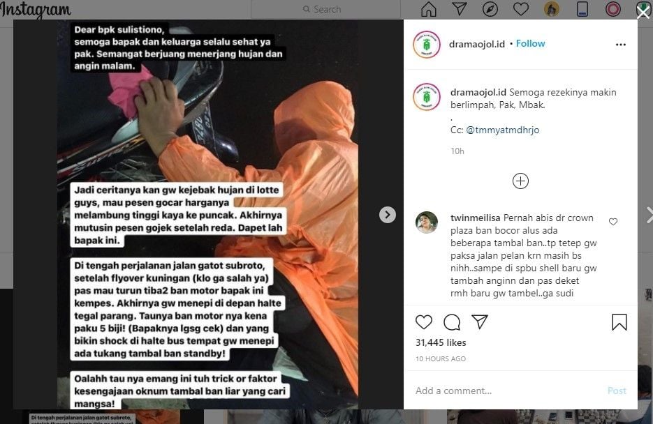 Ojol kena ranjau paku sampai 5 biji (IG/dramaojol.id)