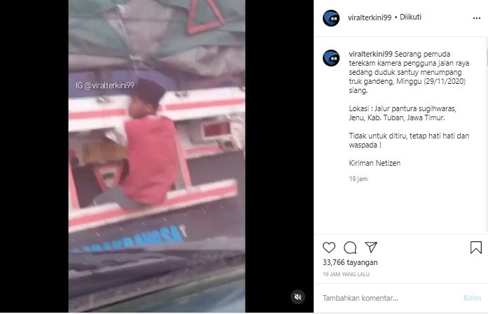 Viral Video Pemuda Duduk Santai di Ekor Truk (Instagram/Viralterkini99).