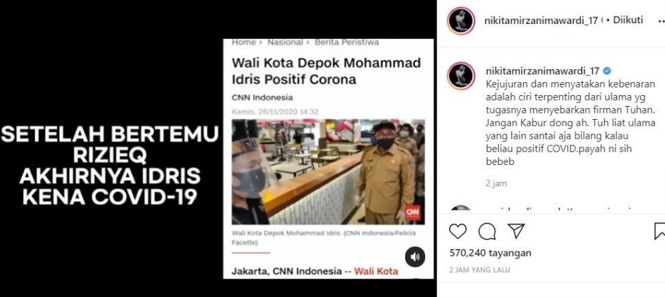 Nikita Mirzani bandingkan Habib Rizieq dengan Ketum PBNU Kiai Said Aqil Siradj. [Instagram]