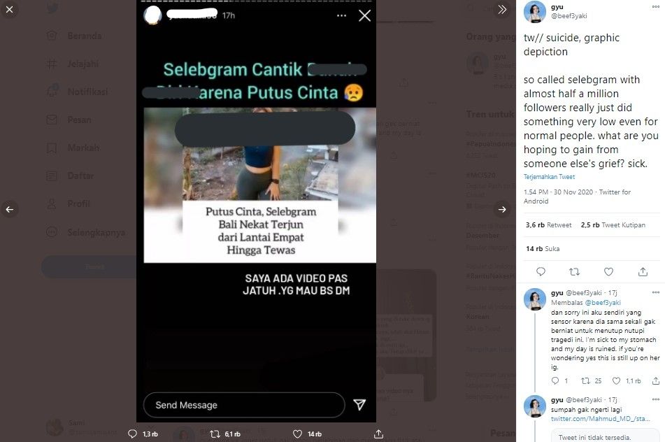 Selebgram YF jadikan kematian selebgram AW sebagai konten (ist)