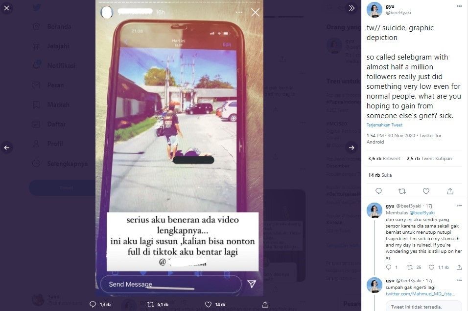 Selebgram YF jadikan kematian selebgram AW sebagai konten (ist)