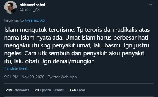 Cuitan Gus Sahal Tentang Terorisme (Twitter/Sahal_AS).