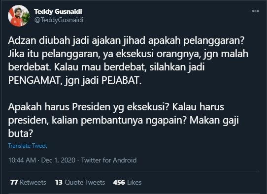 Cuitan Teddy Gusnaidi Komentari Azan Ajakan Jihad (Twitter/TeddyGusnaidi).