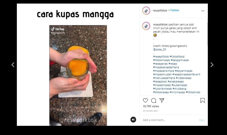 Kreatif Banget, Viral Video TikTok Tutorial Kupas Mangga Tanpa Pisau. (Instagram/@reseptiktok)