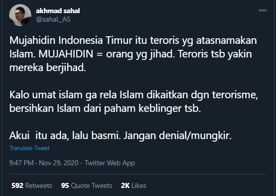 Cuitan Gus Sahal Tentang Terorisme (Twitter/Sahal_AS).