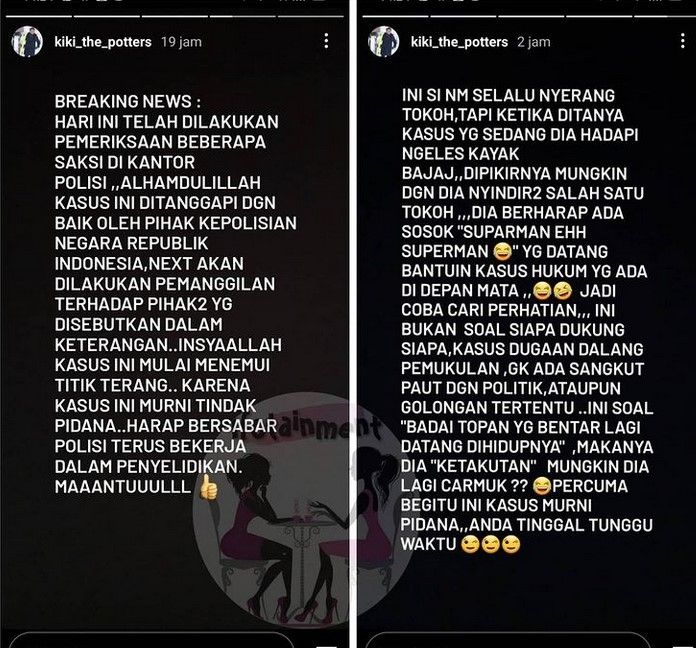 Kiki The Potters menyinggung soal Nikita Mirzani yang menurutnya akan terkena topan dan badai. [Instagram]