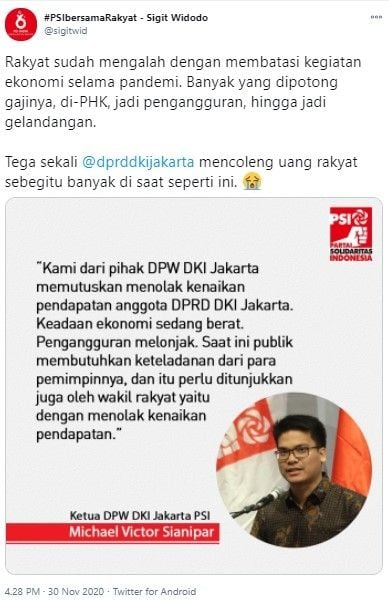 PSI tolak kenaikan gaji anggota DPRD DKI (Twitter/sigitwid)