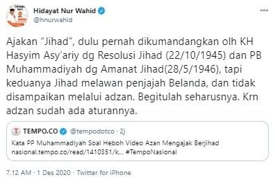 HNW sebut seruan jihad tak boleh lewat azan (Twitter/hnurwahid)