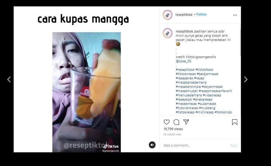 Kreatif Banget, Viral Video TikTok Tutorial Kupas Mangga Tanpa Pisau. (Instagram/@reseptiktok)