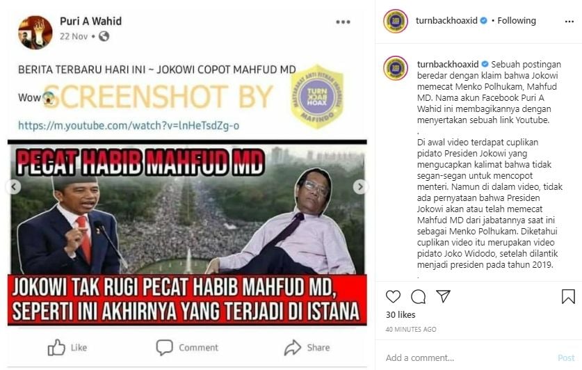 Beredar kabar Jokowi Pecat Mahfud MD. (Instagram/turnbackhoaxid)