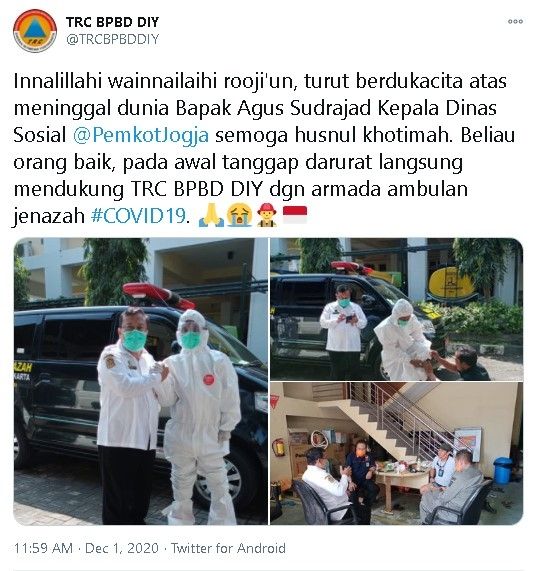 Kenangan TRC BPBD DIY dengan almarhum Kadinsos Kota Jogja Agus Sudrajat - (Twitter/@TRCBPBDDIY)