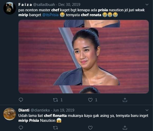 Bak Anak Kembar, Ini 4 Bukti Nyata Chef Renatta dan Prisia Nasution Mirip. (Twitter)