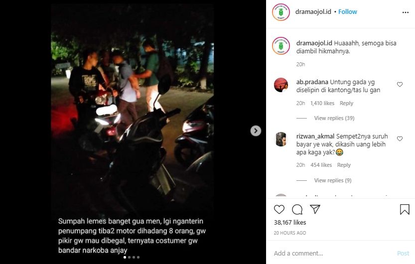 Curhat ojol dikepung intel saat antar penumpang. (Instagram/dramaojol.id)