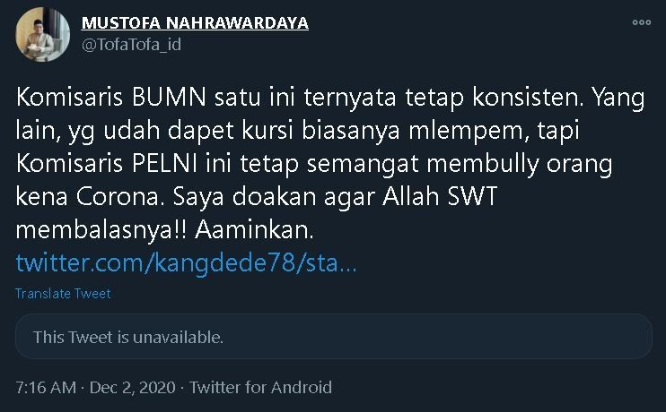 Kicauan Mustofa Nahra menanggapi cuitan Kang Dede.(Twitter)